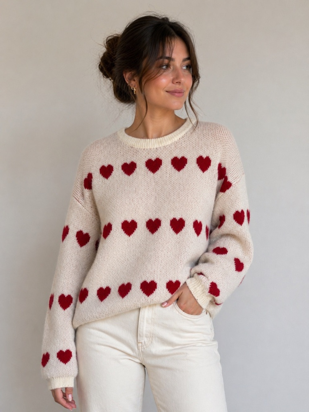 Womance Cream plush Sweater with Red Heart Pattern size XL